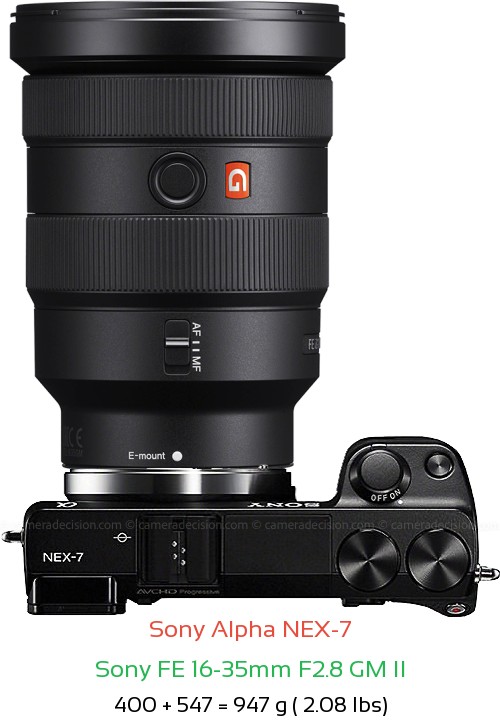 Sony NEX-7 with Sony FE 16-35mm F2.8 GM II Lens Size