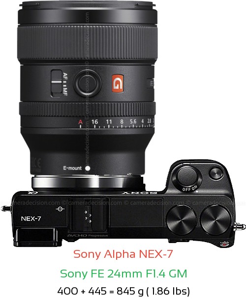 Sony NEX-7 with Sony FE 24mm F1.4 GM Lens Size