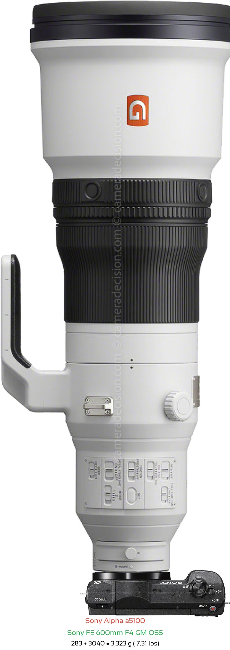 Sony a5100 with Sony FE 600mm F4 GM Lens Size
