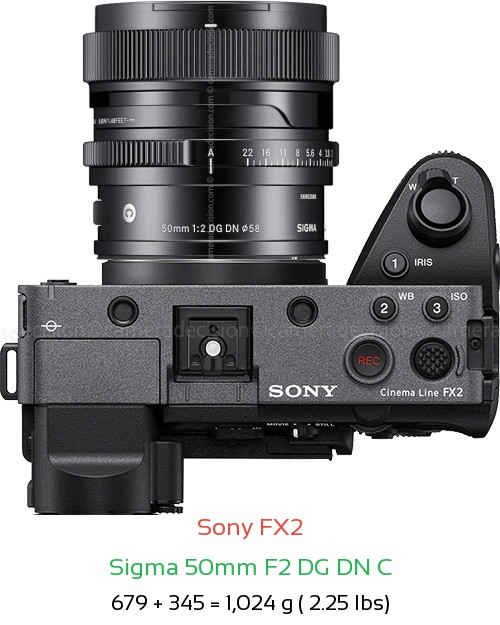 Sony FX2 with Sigma 50mm F2 C Lens Size