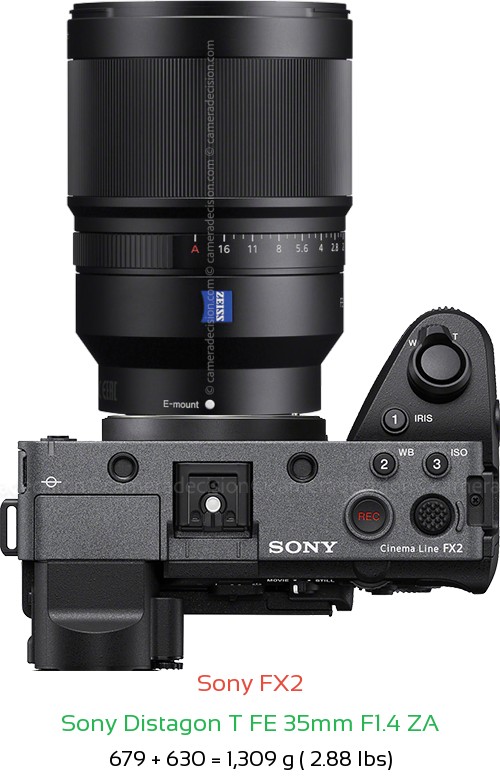 Sony FX2 with Sony Distagon T FE 35mm F1.4 ZA Lens Size
