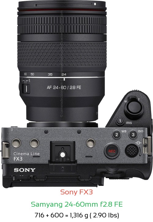 Sony FX3 with Samyang 24-60mm f2.8 FE Lens Size