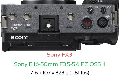 Sony FX3 with Sony E 16-50mm F3.5-5.6 PZ OSS II Lens Size