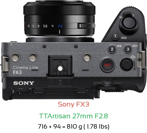 Sony FX3 with TTArtisan 27mm F2.8 Lens Size