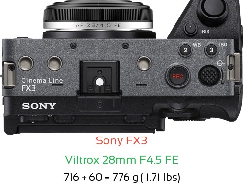 Sony FX3 with Viltrox 28mm F4.5 FE Lens Size
