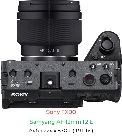 Sony FX30 with Samyang AF 12mm f2 E Lens Size