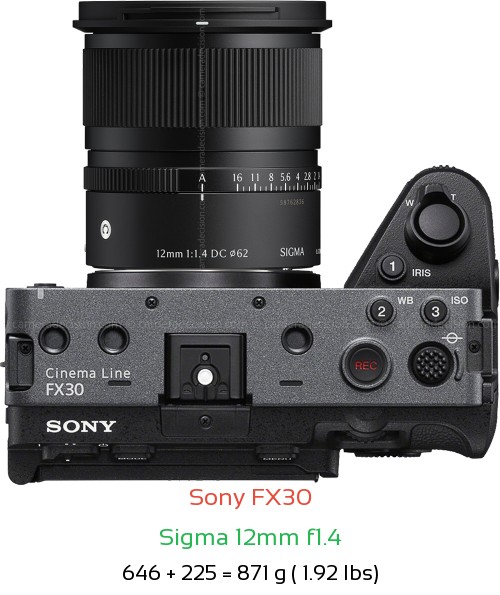 Sony FX30 with Sigma 12mm f1.4 Lens Size