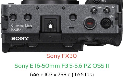 Sony FX30 with Sony E 16-50mm F3.5-5.6 PZ OSS II Lens Size