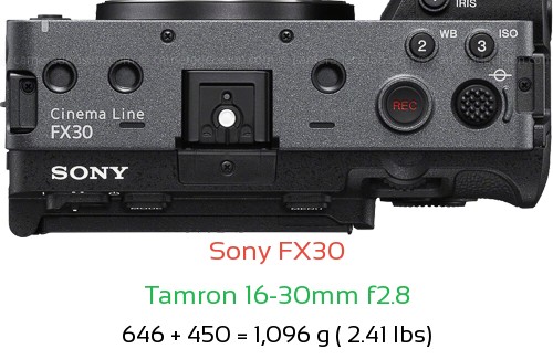 Sony FX30 with Tamron 16-30mm f2.8 Lens Size