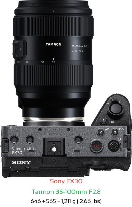 Sony FX30 with Tamron 35-100mm F2.8 Lens Size