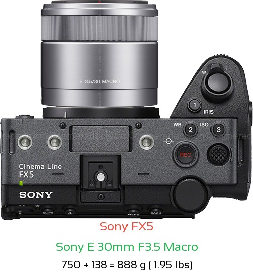Sony FX5 with Sony E 30mm F3.5 Macro Lens Size