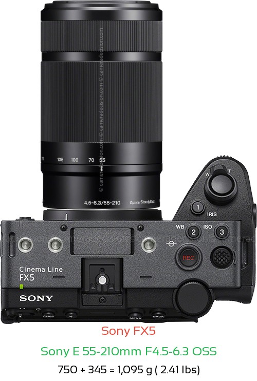 Sony FX5 with Sony E 55-210mm F4.5-6.3 OSS Lens Size