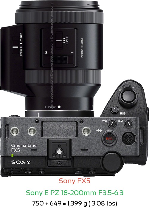 Sony FX5 with Sony E PZ 18-200mm F3.5-6.3 Lens Size