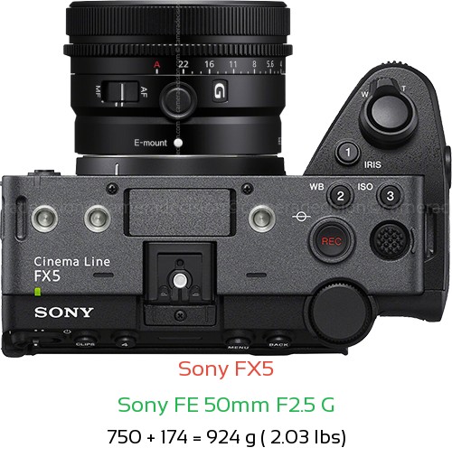 Sony FX5 with Sony FE 50mm F2.5 G Lens Size