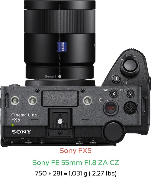 Sony FX5 with Sony FE 55mm F1.8 ZA CZ Lens Size
