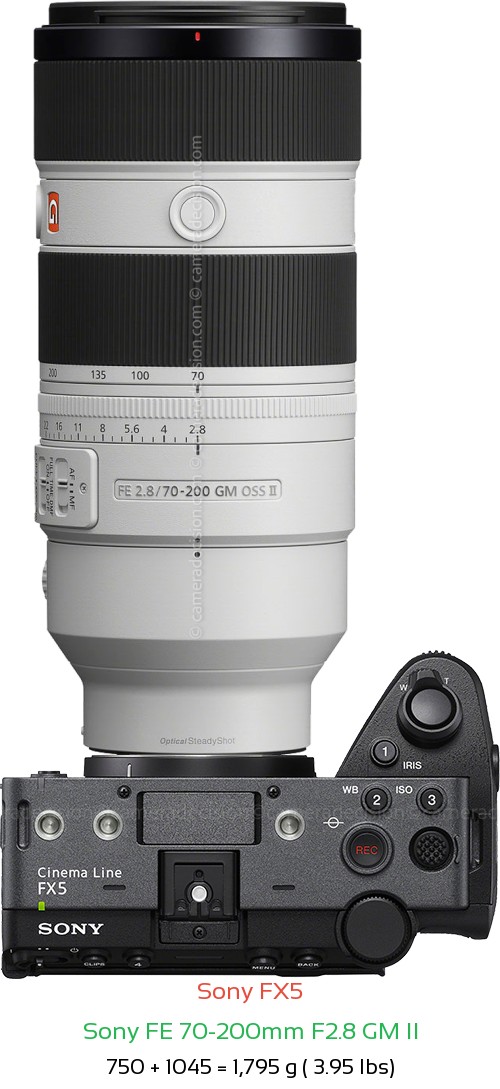 Sony FX5 with Sony FE 70-200mm F2.8 GM II Lens Size