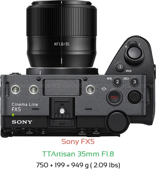 Sony FX5 with TTArtisan 35mm F1.8 Lens Size