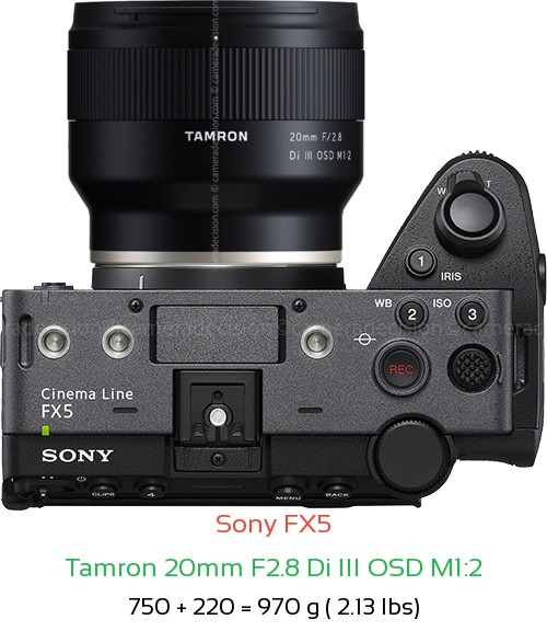 Sony FX5 with Tamron 20mm F2.8 Di III OSD M1:2 Lens Size