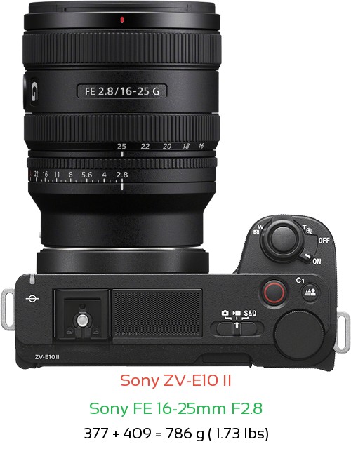 Sony ZV-E10 II with Sony FE 16-25mm F2.8 Lens Size