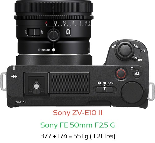 Sony ZV-E10 II with Sony FE 50mm F2.5 G Lens Size