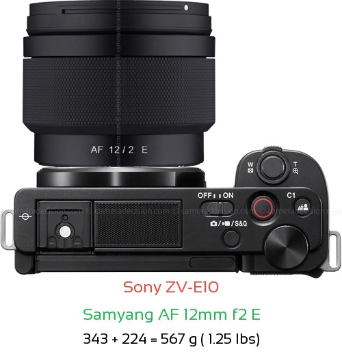 Sony ZV-E10 with Samyang AF 12mm f2 E Lens Size