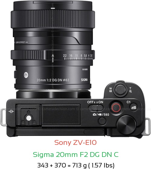 Sony ZV-E10 with Sigma 20mm F2 DG DN C Lens Size