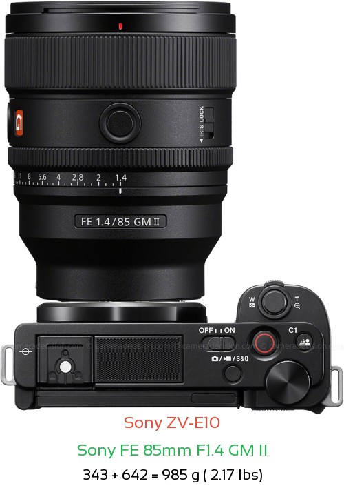 Sony ZV-E10 with Sony FE 85mm F1.4 GM II Lens Size