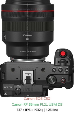 Canon C50 with Canon RF 85mm F1.2L USM DS Lens Size