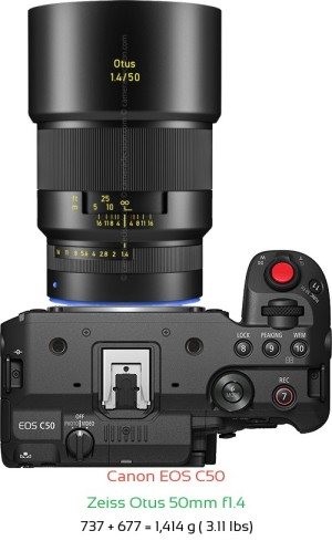Canon C50 with Zeiss Otus 50mm f1.4 Lens Size