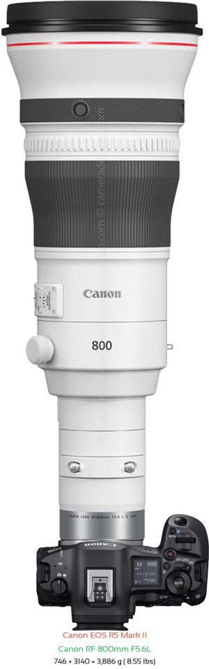 Canon R5 II with Canon RF 800mm F5.6L Lens Size