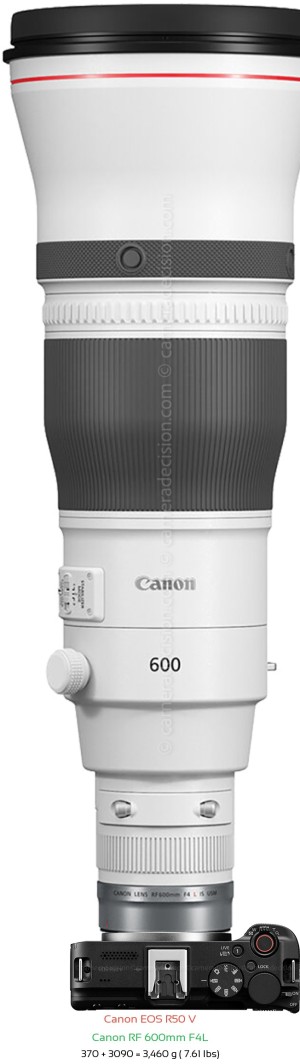 Canon R50 V with Canon RF 600mm F4L Lens Size
