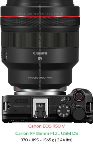 Canon R50 V with Canon RF 85mm F1.2L USM DS Lens Size