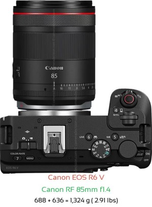 Canon R6 V with Canon RF 85mm f1.4 Lens Size