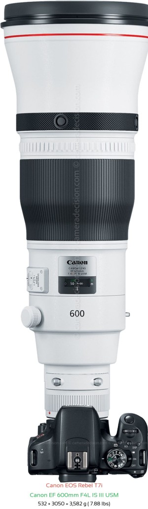 Canon T7i with Canon EF 600mm F4L IS III USM Lens Size
