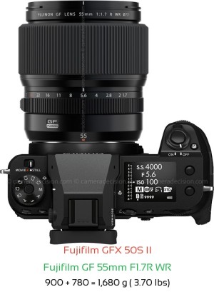 Fujifilm GFX 50S II with Fujifilm GF 55mm F1.7R WR Lens Size
