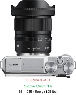 Fujifilm X-A10 with Sigma 12mm f1.4 Lens Size