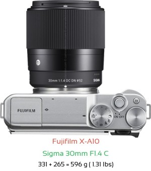 Fujifilm X-A10 with Sigma 30mm F1.4 C Lens Size
