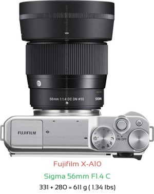 Fujifilm X-A10 with Sigma 56mm F1.4 C Lens Size