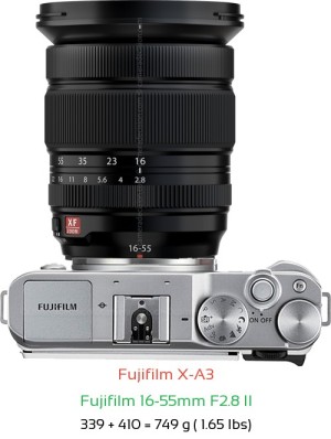 Fujifilm X-A3 with Fujifilm 16-55mm F2.8 II Lens Size