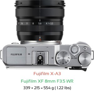 Fujifilm X-A3 with Fujifilm XF 8mm F3.5 WR Lens Size