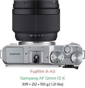 Fujifilm X-A3 with Samyang AF 12mm f2 X Lens Size