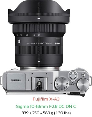 Fujifilm X-A3 with Sigma 10-18mm F2.8 DC DN C Lens Size