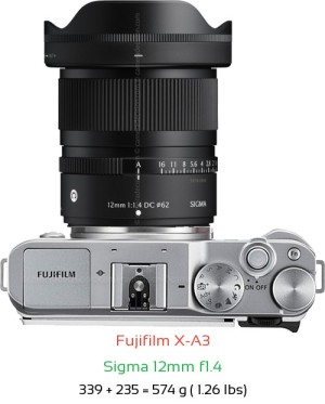 Fujifilm X-A3 with Sigma 12mm f1.4 Lens Size
