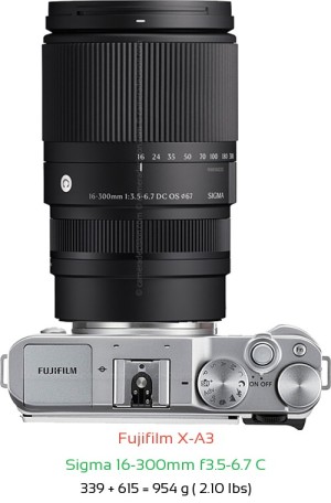 Fujifilm X-A3 with Sigma 16-300mm f3.5-6.7 C Lens Size