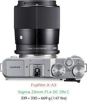 Fujifilm X-A3 with Sigma 23mm F1.4 DC DN C Lens Size