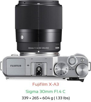 Fujifilm X-A3 with Sigma 30mm F1.4 C Lens Size