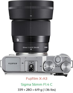 Fujifilm X-A3 with Sigma 56mm F1.4 C Lens Size