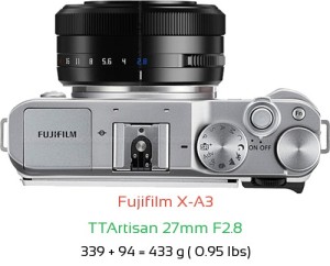 Fujifilm X-A3 with TTArtisan 27mm F2.8 Lens Size