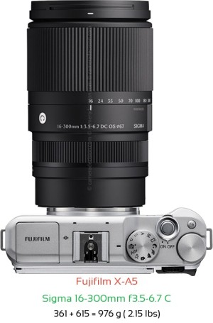 Fujifilm X-A5 with Sigma 16-300mm f3.5-6.7 C Lens Size