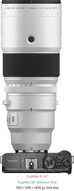 Fujifilm X-A7 with Fujifilm XF 500mm f5.6 Lens Size